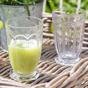 Embossed Glass Tumblers Green Leaf & Pink Diamond Water Juice Cocktail Hi-Ball Tumbler Glasses Vintage Style Dishwasher Safe Glassware