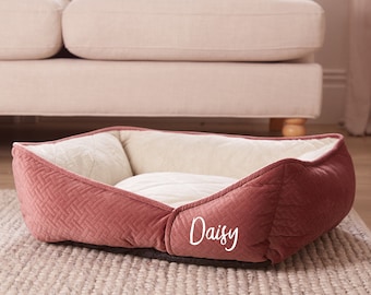 Personalised Dog Bed Textured Finish Super Soft Orthopaedic Base Grey Faux Fur Lining Rectangular Non-Slip Pet Bed Basket