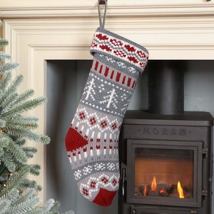 Knitted Fair Isle Christmas Stocking Extra Large Grey, Red & White Knit Festive Gift Sack with Traditional Nordic Style Designs Grey Fairisle