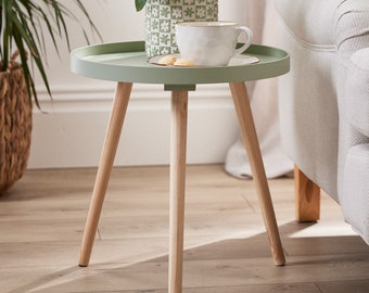 Sage Green Side Table Pine Wood Contemporary Nordic Scandi Style Tray Table Living Room Coffee Table Bedroom Nightstand Footed End Table