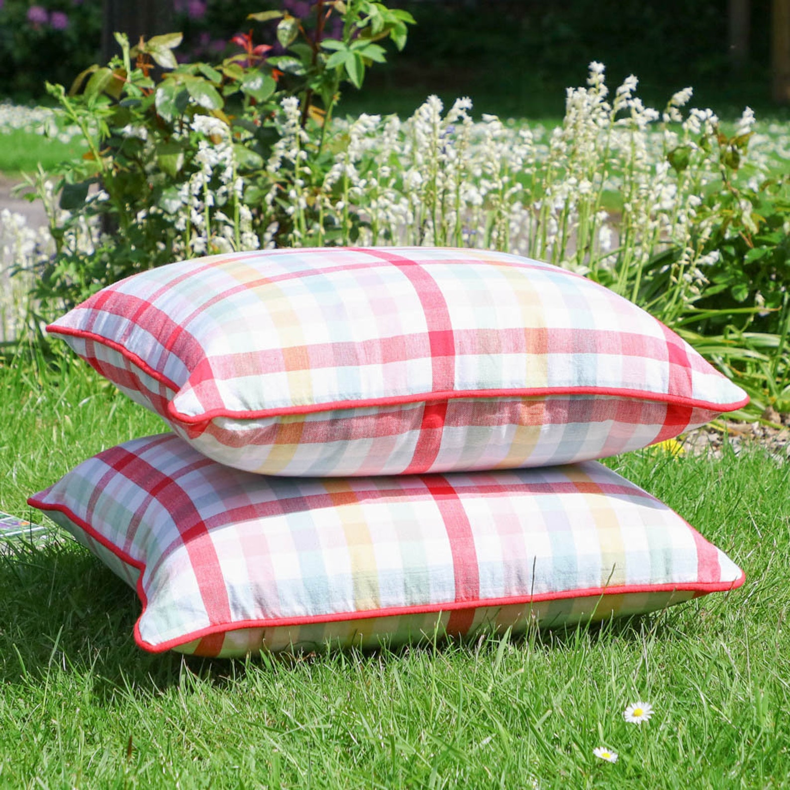 Set of 2 XL Gingham Print Garden Cushions Outdoor Furniture Etsy UK
