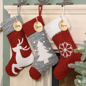 Personalised Christmas Stocking Traditional Nordic Snowflake Reindeer Christmas Tree Knitted Effect Red & Grey Hanging Mantelpiece Stocking