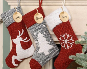 Personalised Christmas Stocking Traditional Nordic Snowflake Reindeer Christmas Tree Knitted Effect Red & Grey Hanging Mantelpiece Stocking