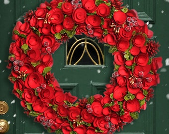 Giant Red Rose Christmas Wreath Decorative Front Door Garland with Red Berries & Dried Leaves Wreath Home Décor Winter Accessory