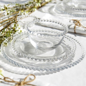 Glass Dinner Set Beaded Edge Bella Perle Crockery Dinner Plate/Side Plate/Dessert/Salad Bowls Vintage Style Dining Tableware