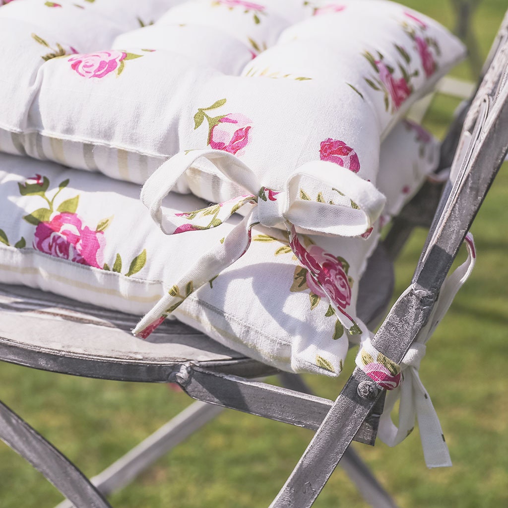 Set of 2 Pink Floral Print Dining Chair Cushions Tie on Seat Pads