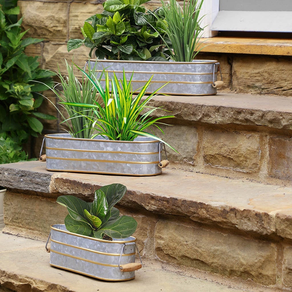 Set of 3 Galvanised Zinc Trough Planters Flower Pot Herb Etsy