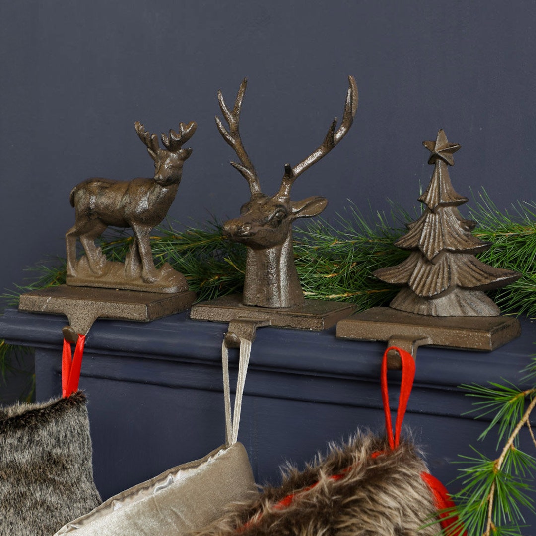Cast Iron Christmas Stocking Holder Vintage Style Reindeer Tree Pine