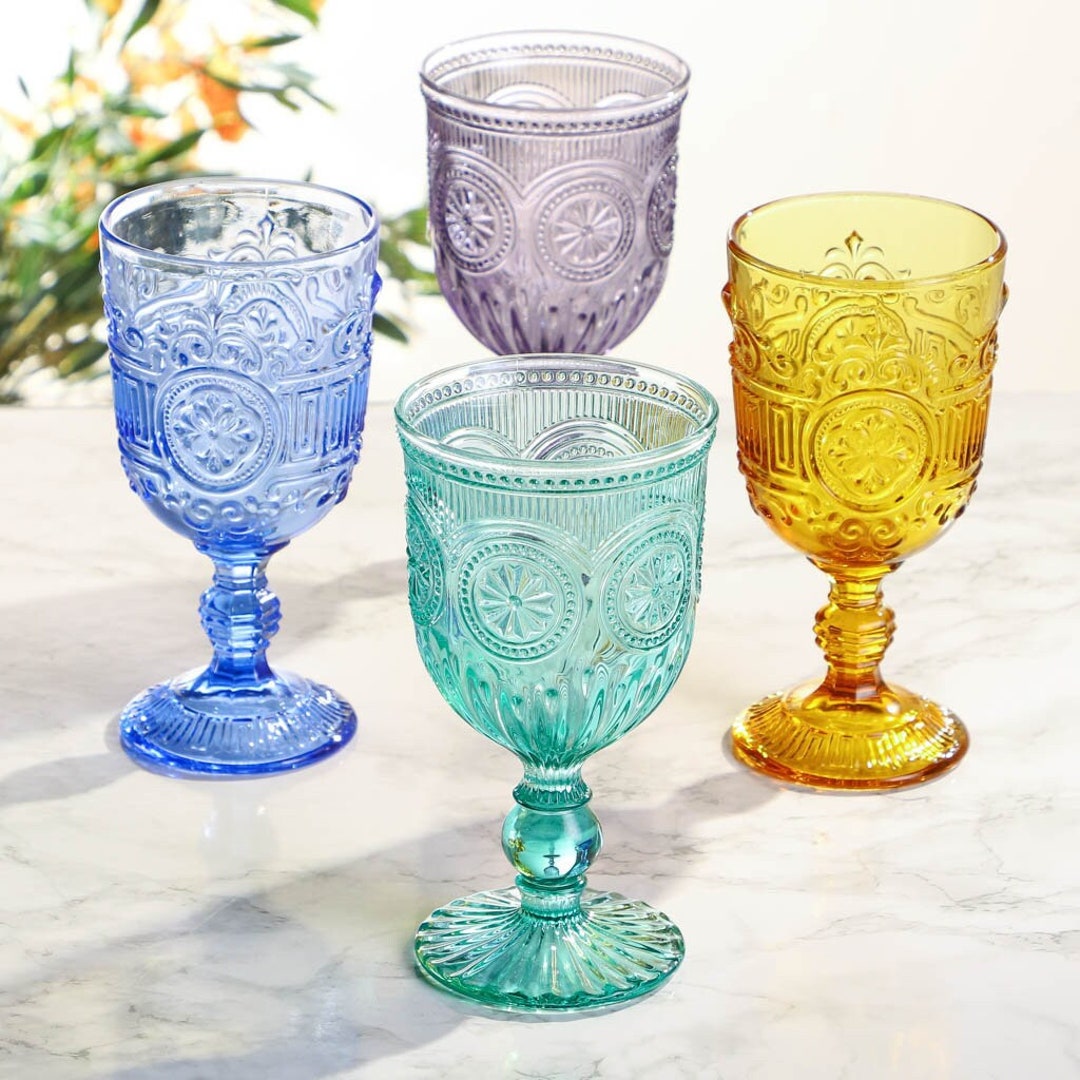 Set of 4 Glass Tumblers 250-280ml Embossed Water Juice Cocktail Glasses  Vintage Style Embossed Dishwasher Safe Glassware -  Israel