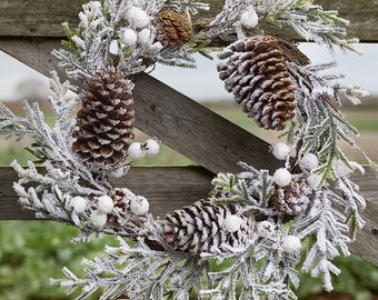 Extra Large White Christmas Wreath Front Door Winter Garland Pine Cone, Fir & Cotton Bud Hand Made Wicker Back Decorative Festive Door Décor