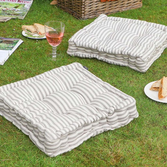 Set of 2 Large Grass Cushions With Handle 100% Cotton Grey & Beige Striped Seat  Pads Water Repellent Floor Lounger Pillow Set 