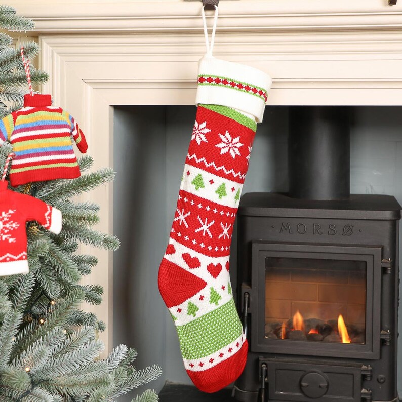 Christmas Stocking Extra Large Knitted Effect Red, Green & White Fair Isle Traditional Style Mantelpiece Festive Xmas Gift Stocking Style 2