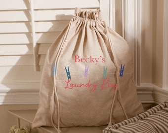 100% Cotton Drawstring Laundry Bag Personalised Machine Washable Linen Laundry Wash Bag Bathroom Bedroom Kitchen Porch Storage Bag