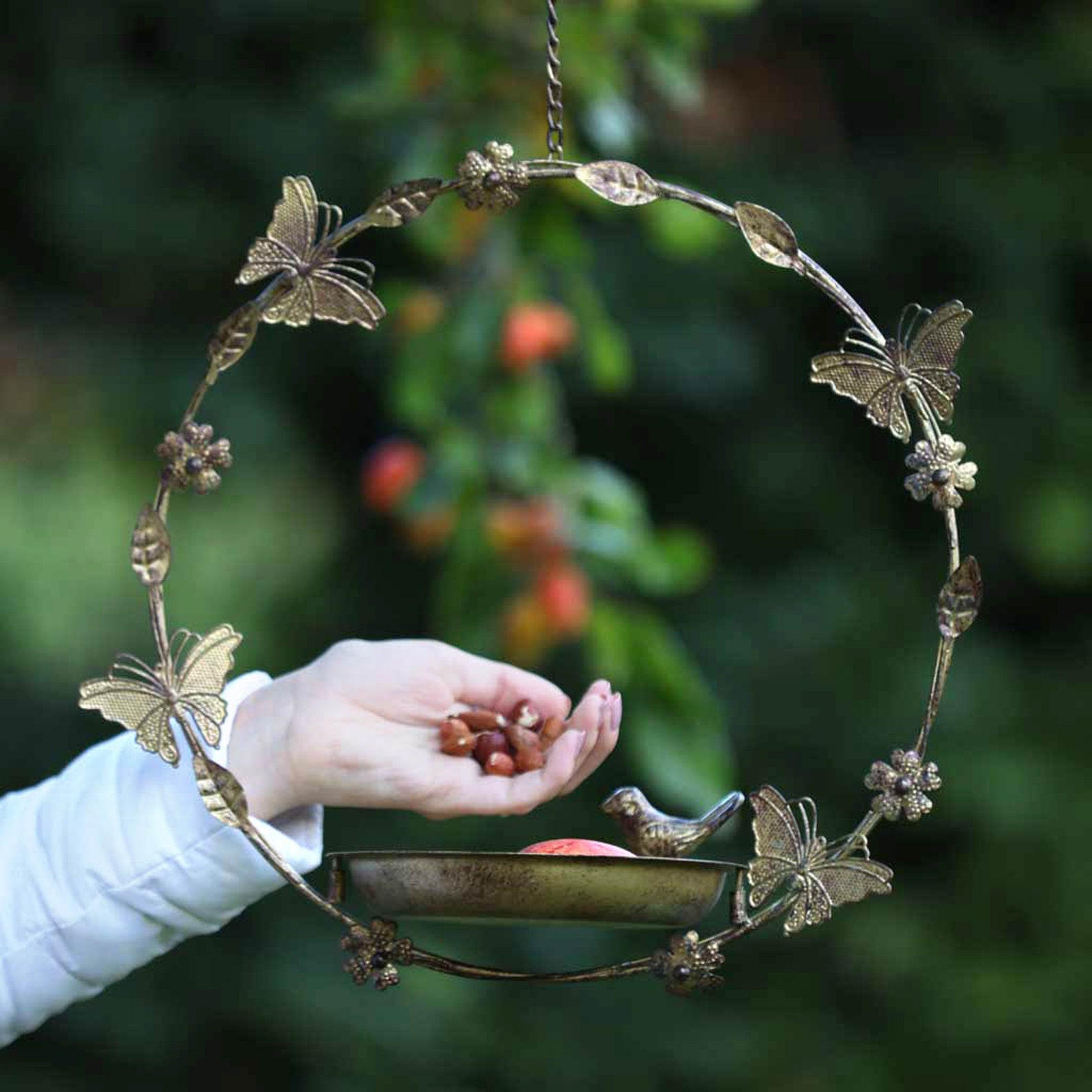 Hanging Bird Dish Cast Iron Flower Decorated Garden Bird Etsy UK