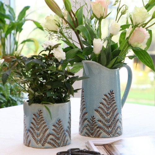 Blue Ceramic Pitcher Jug Vase & Flower Pot Planters Rustic Style Fern Leaf Embossed Crackle Glaze Earthenware Indoor Outdoor Decoration