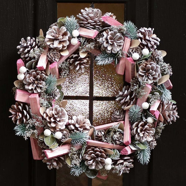 Pastel Pink Spring Wreath Pine Cone Driftwood Pine Frosted Decorative Front Door Rustic Country Style Home Décor - 35cm