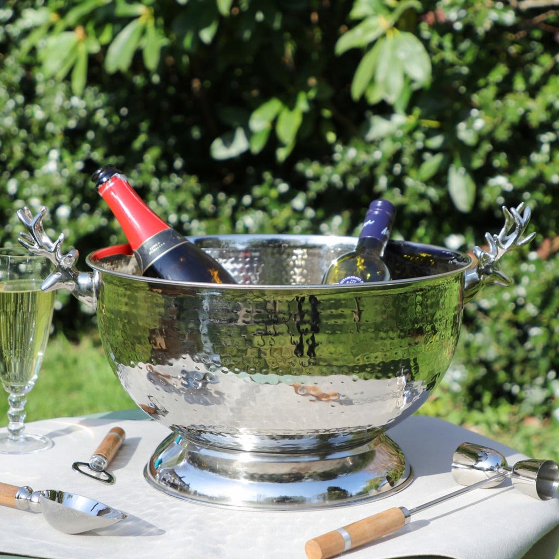 Large Hammered Champagne Bucket Footed Stag Handle Silver Etsy