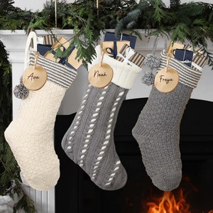 Personalised Knitted Christmas Stocking White & Grey  Cable Knit Xmas Gift Sack Stocking with Engraved Wooden Hanging Tag
