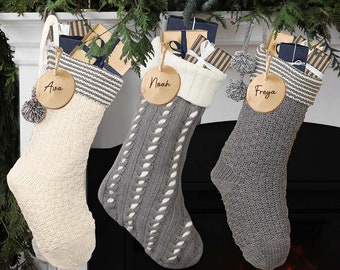 Personalised Knitted Christmas Stocking White & Grey  Cable Knit Xmas Gift Sack Stocking with Engraved Wooden Hanging Tag