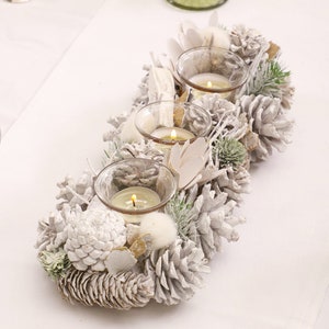 Winter Tea Light Candle Holder Triple Tealight Lantern White Frosted Pine Cone Dining Table Centrepiece Seasonal Home Décor