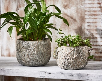 Leaf Embossed Plant Pot Grey Concrete Textured Flower Pot Planter Contemporary Earthenware Stoneware Indoor/Outdoor Flowerpot