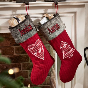 Personalised Christmas Stocking Embroidered Faux Fur Cuff Knitted Festive Xmas Stocking Gift Sack with Love Heart Fair Isle Design