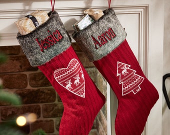 Personalised Christmas Stocking Embroidered Faux Fur Cuff Knitted Festive Xmas Stocking Gift Sack with Love Heart Fair Isle Design