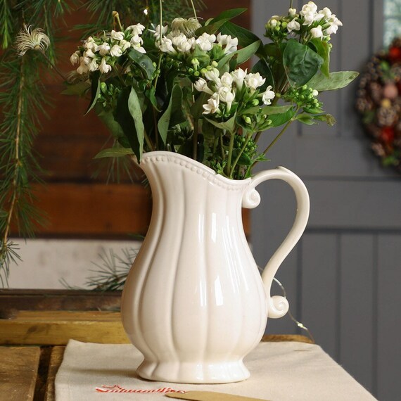 White Ceramic Pitcher Jug Vase Vintage Style Scrolled & Fluted Etsy UK