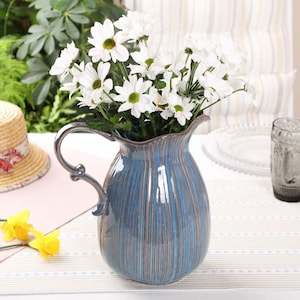 Blue & Gold Ceramic Pitcher Jug Vase Shabby Chic Vintage Style Flower Vase Decorative Stoneware Glazed Floral Jug Planter
