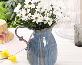 Blue & Gold Ceramic Pitcher Jug Vase Shabby Chic Vintage Style Flower Vase Decorative Stoneware Glazed Floral Jug Planter