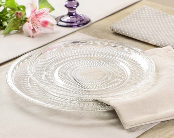 Glass Plates Set Dishwasher Safe Vintage Embossed Patterned Dinner/Dessert Plates - Function Events Wedding Reception Tableware Crockery