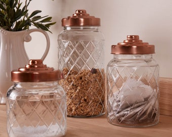 Kitchen Storage Canister Jars Assorted Embossed Storage Bottles with Copper Finish Lids Multi-Purpose Screw Lid Kitchen Storage Jars