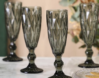 Smoked Grey Dining Table Collection Dishwasher Safe Embossed Wine Glass Goblets & Champagne Flutes Garden Party Glassware