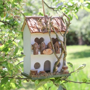 Two Storey White Decorative Hanging Bird House Garden Lodge Birdbox Hand Painted Reclaimed Wood Bird Nesting Box Spring Garden Gift