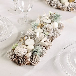 Christmas Tea Light Candle Holder Collection White Frosted Pine Cone Dining Table Centrepiece Tealight Lantern Seasonal Home Décor