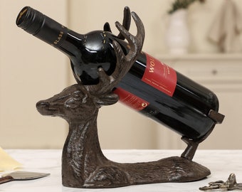 Cast Iron Wine Bottle Holder Antique Brown Stag Deer Single Wine Champagne Prosecco Bottle Holder Wine Rack 6th Anniversary Wedding Gift