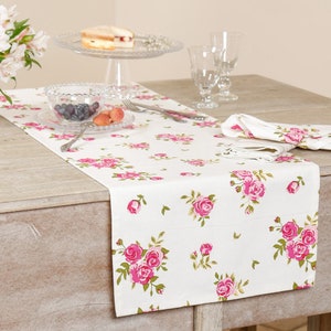 Floral Print Table Runner 100% Cotton Machine Washable Pink Rose Botanical Print Dining Tablecloth Linen Party Table Decoration