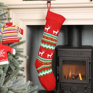 Christmas Stocking Extra Large Knitted Effect Red, Green & White Fair Isle Traditional Style Mantelpiece Festive Xmas Gift Stocking Style 1