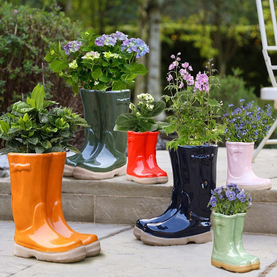 Double Wellington Boot Planter With Personalised Marker Small Large Red
