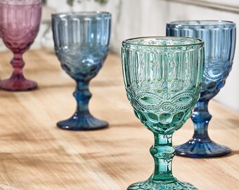 Set of Four Coloured Embossed Wine Goblets Vintage Style Relief Wine Glasses Dishwasher Safe Glassware