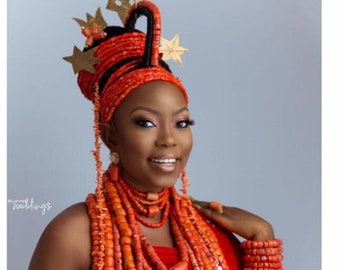African Traditional Beads, Complete Edo Beads with Hair Vine Bead, Bride Beads with Gold Accents, Brides Accessories, Nigerian Wedding Okuku