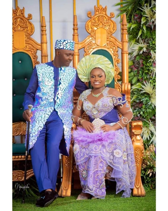 Traditional Wedding Dress Gold And Purple Outfits Purple Couples Traditional  Wedding Outfit, Igbo Couples Traditional Outfit,