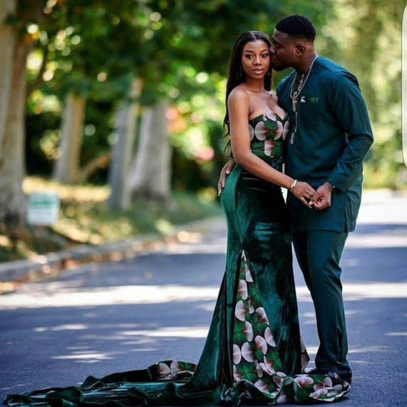 green dress prom couple Dark Green Silver Beaded Velvet High Split Mermaid Prom Dresses main image 1