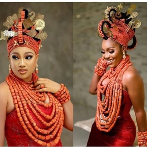 African Traditional Beads, Complete Edo Beads with Hair Vine Bead, Bride Beads with Gold Accents, Brides Accessories, Nigerian Wedding Okuku