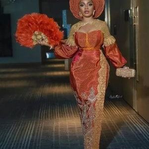 Burnt Orange Traditional Outfit, Nigerian Complete Aso-Oke Brides Outfit, African Wedding Outfit, African Brides wedding Attire