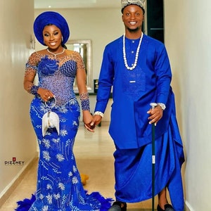Afrikanisches Blau Paare Traditionelles Hochzeitsoutfit, Igbo Paare Traditionelles Outfit, Verlobungs Outfit, Traditionelle nigerianische Hochzeit