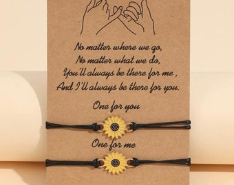 Tarjeta de promesa de girasol, amante de la amistad, pareja, amigo, familia, deseo, con 2 pulseras ajustables, regalo