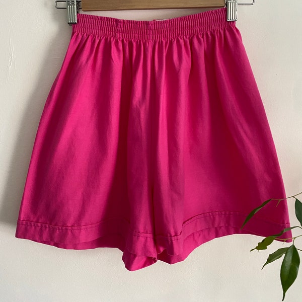 Vintage 80s | Barbie Pink Shorts | Elasticated High Waisted Shorts | Loose Fit | UK Size 8