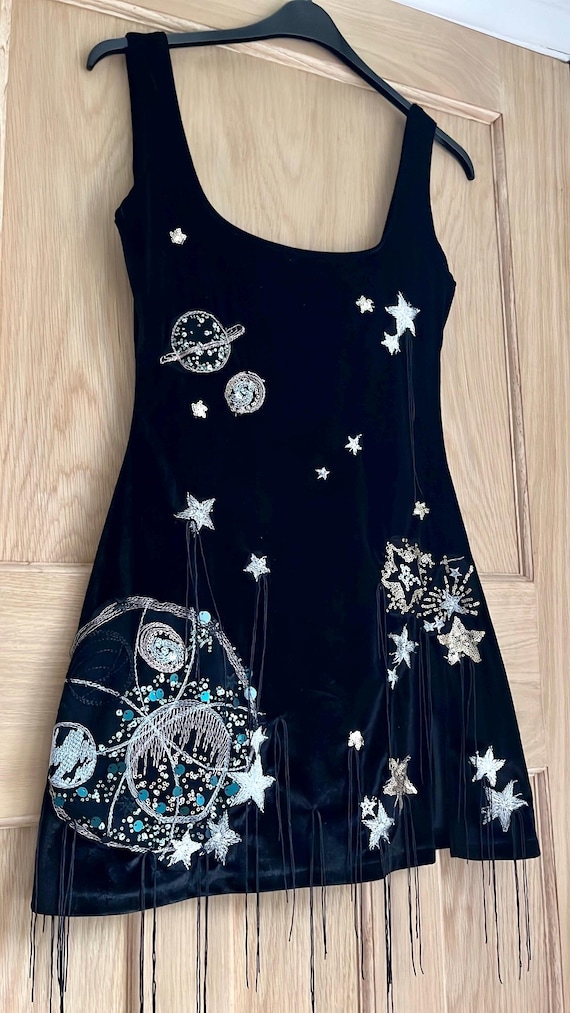 black velvet dress with gold stars NWOT! ALLSAINTS JEMIMA Velvet Wrap Dress Stars Black & Gold Size: 4 US | 8  UK