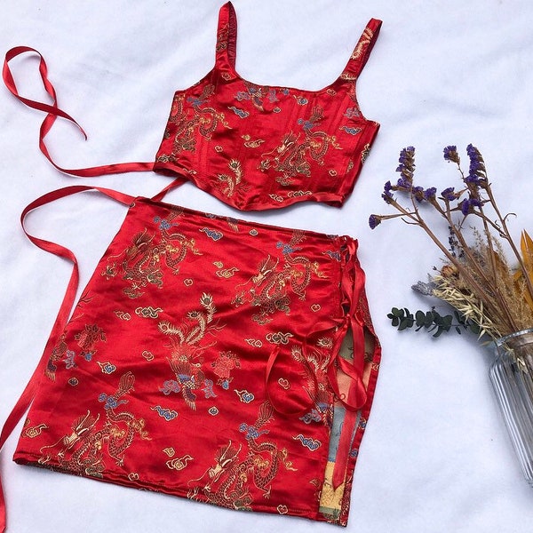 Multiple colours* Handmade skirt, corset & scrunchie chinese dragon co-ord